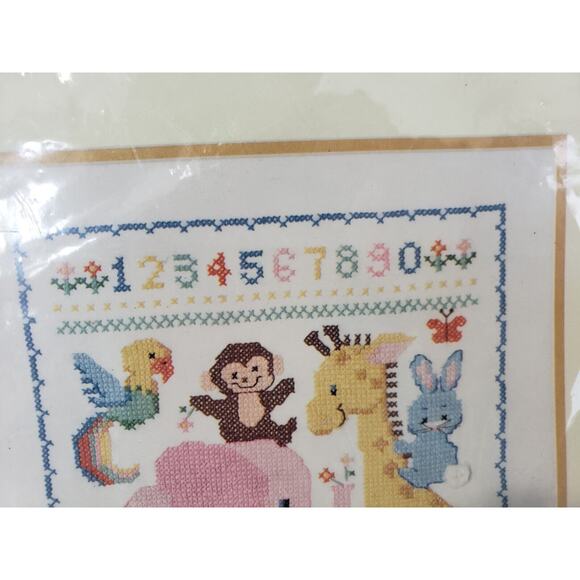 Vintage Birth Sampler Nursery Zoo Safari Animal Elephant Giraffe Cross Stitch - Picture 3 of 9